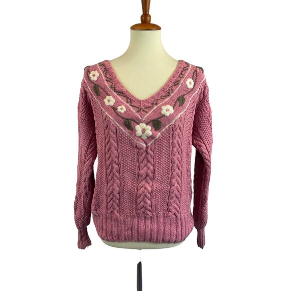 Vintage 80s 90s Melbourne Country Sweater Womens M Pink V Neck Floral - Picture 1 of 12
